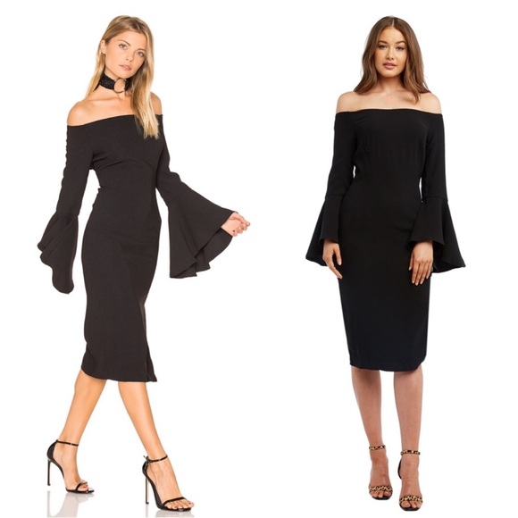 Bardot Dresses & Skirts - Bardot Solange Black Off-Shoulder Sheath Dress W Long Fluted Sleeves Size 6